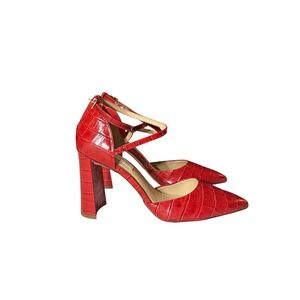 Antonio Melani Red Croc Embossed Leather Ankle Strap Block Heel Pumps Size 8